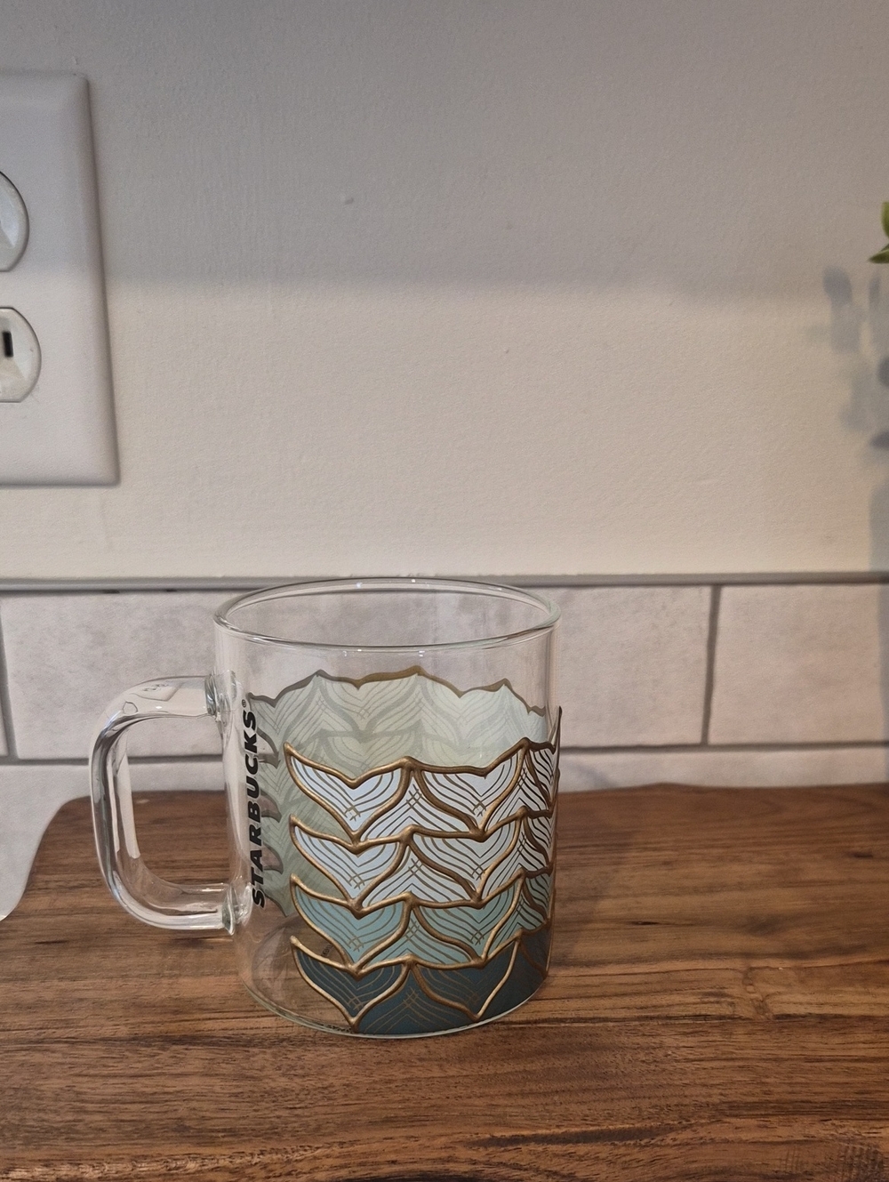 Starbucks Glass Mug with Blue and Gold Wave Design